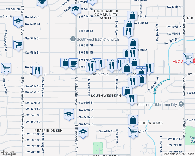 map of restaurants, bars, coffee shops, grocery stores, and more near 1124 Southwest 59th Street in Oklahoma City