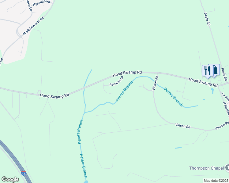 map of restaurants, bars, coffee shops, grocery stores, and more near 106 Racquet Lane in Goldsboro