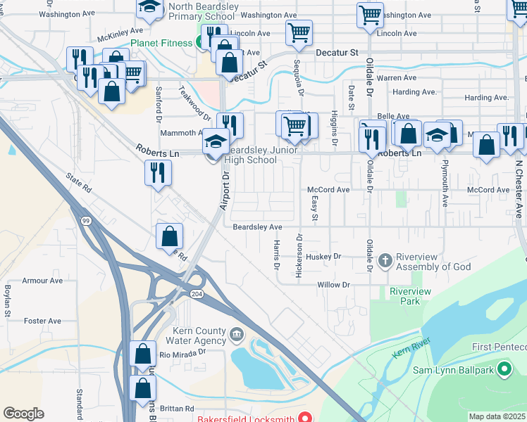 map of restaurants, bars, coffee shops, grocery stores, and more near 2 Cedarwood Lane in Bakersfield