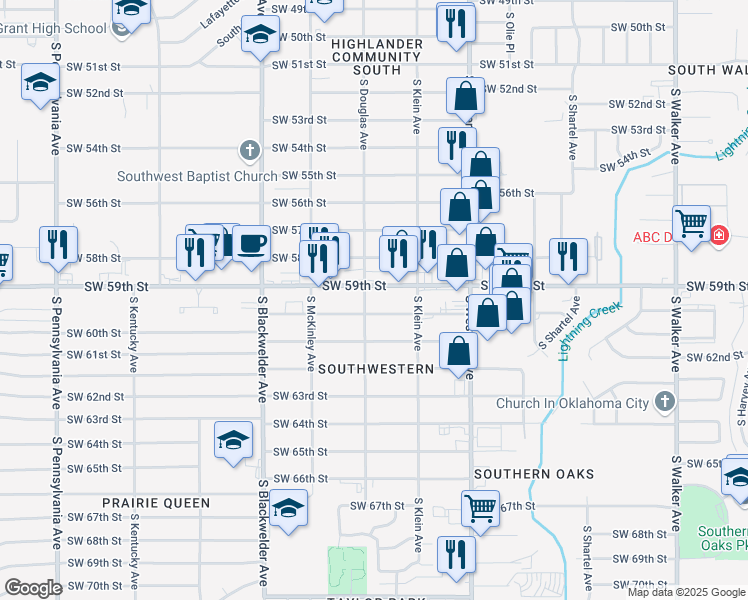 map of restaurants, bars, coffee shops, grocery stores, and more near 1046 Southwest 59th Street in Oklahoma City