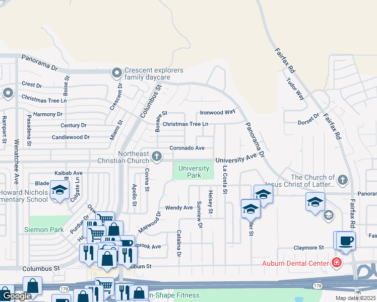 map of restaurants, bars, coffee shops, grocery stores, and more near 4409 Coronado Avenue in Bakersfield