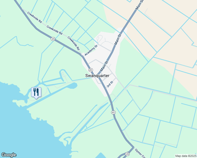 map of restaurants, bars, coffee shops, grocery stores, and more near 20 Oyster Creek Street in Swan Quarter