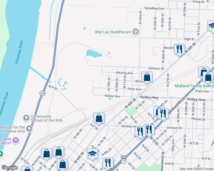 map of restaurants, bars, coffee shops, grocery stores, and more near 2605 North 19th Street in Fort Smith