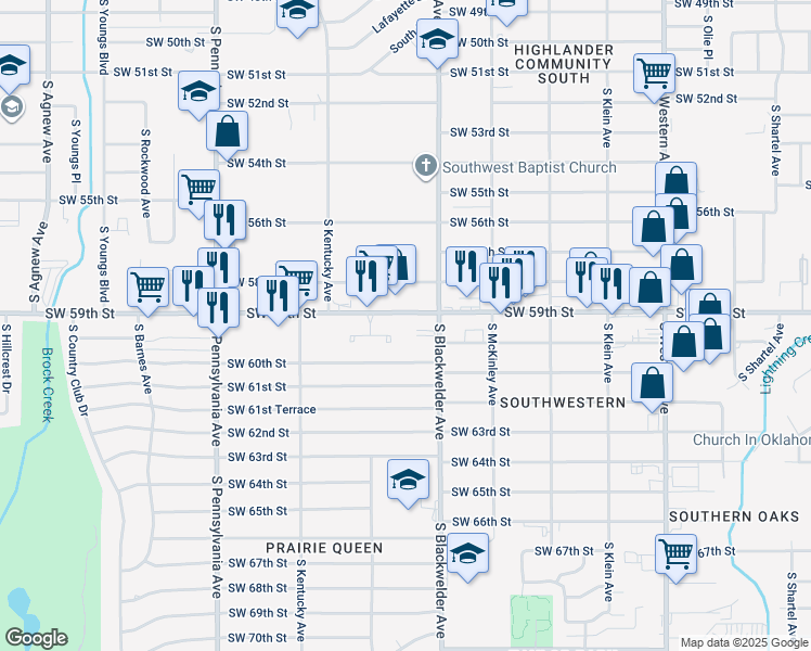 map of restaurants, bars, coffee shops, grocery stores, and more near 1334 Southwest 59th Street in Oklahoma City