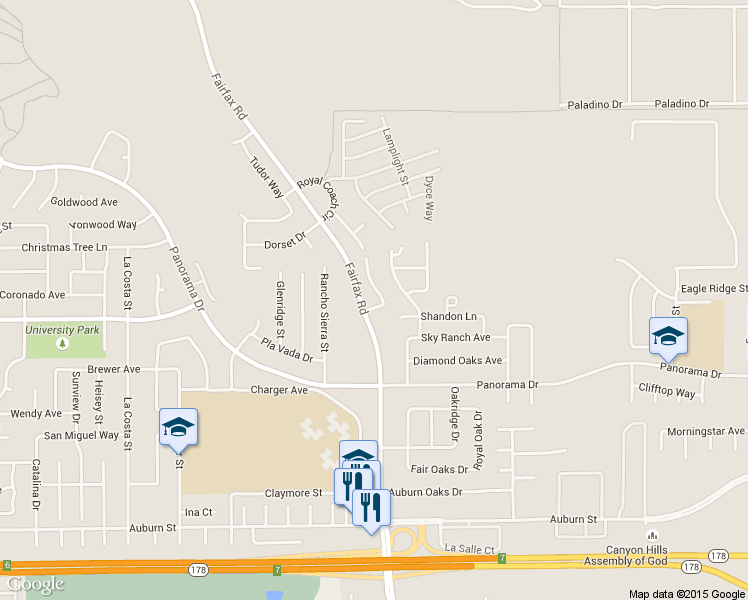map of restaurants, bars, coffee shops, grocery stores, and more near 5713 Fairfax Road in Bakersfield