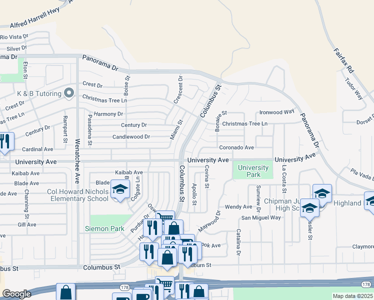 map of restaurants, bars, coffee shops, grocery stores, and more near 4236 Columbus Street in Bakersfield