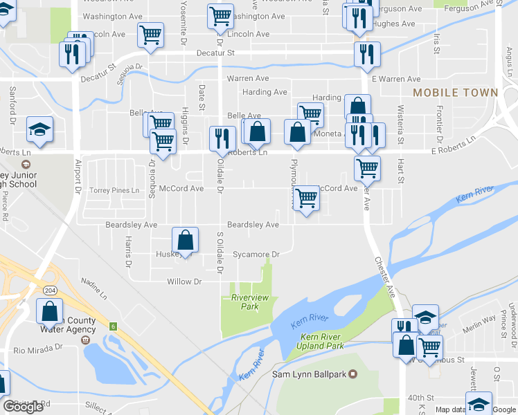 map of restaurants, bars, coffee shops, grocery stores, and more near 325 McCord Avenue in Bakersfield