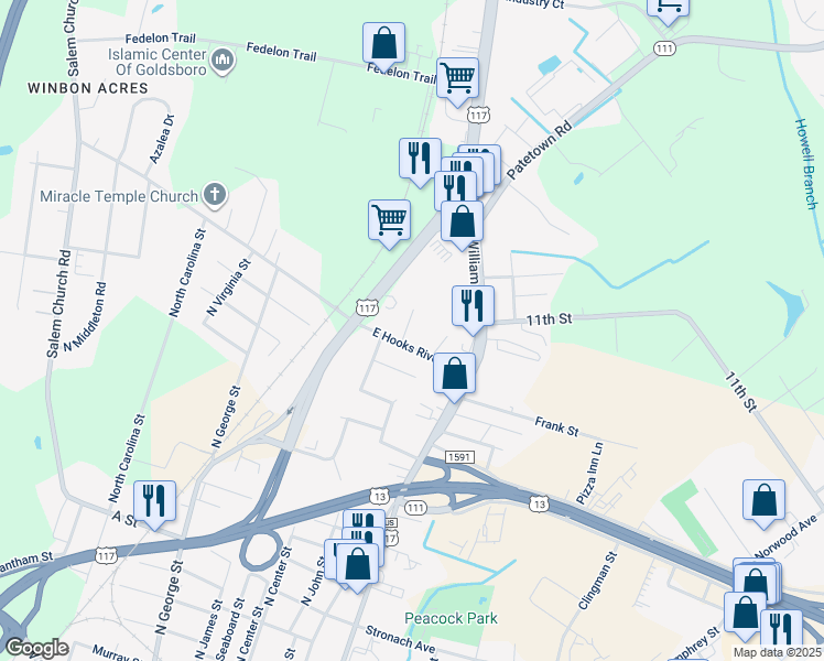 map of restaurants, bars, coffee shops, grocery stores, and more near 1904 North John Court in Goldsboro