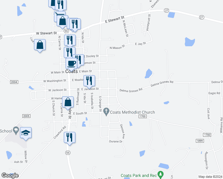 map of restaurants, bars, coffee shops, grocery stores, and more near 340 East Jackson Street in Coats