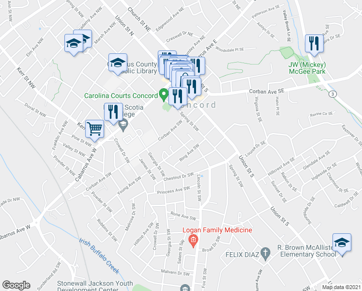 map of restaurants, bars, coffee shops, grocery stores, and more near 63 Young Avenue Southwest in Concord