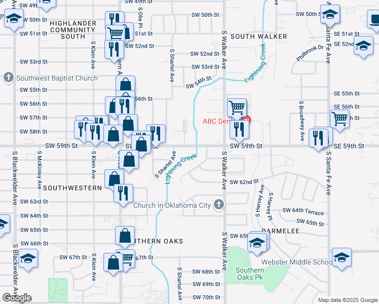 map of restaurants, bars, coffee shops, grocery stores, and more near 608 Southwest 59th Street in Oklahoma City