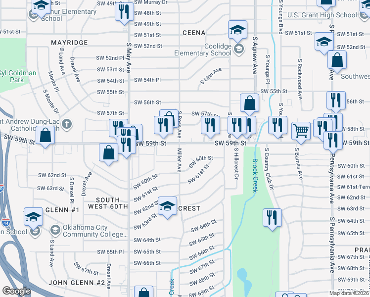 map of restaurants, bars, coffee shops, grocery stores, and more near 2612 Southwest 59th Street in Oklahoma City