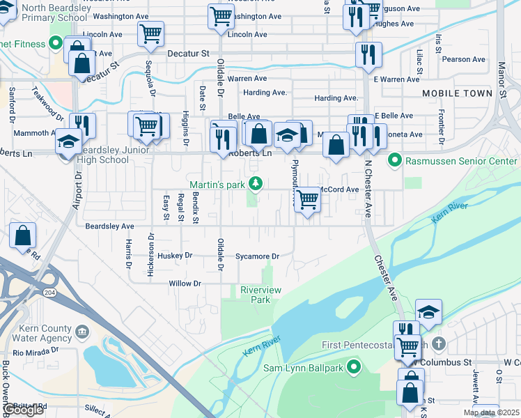 map of restaurants, bars, coffee shops, grocery stores, and more near 326 Beardsley Avenue in Bakersfield