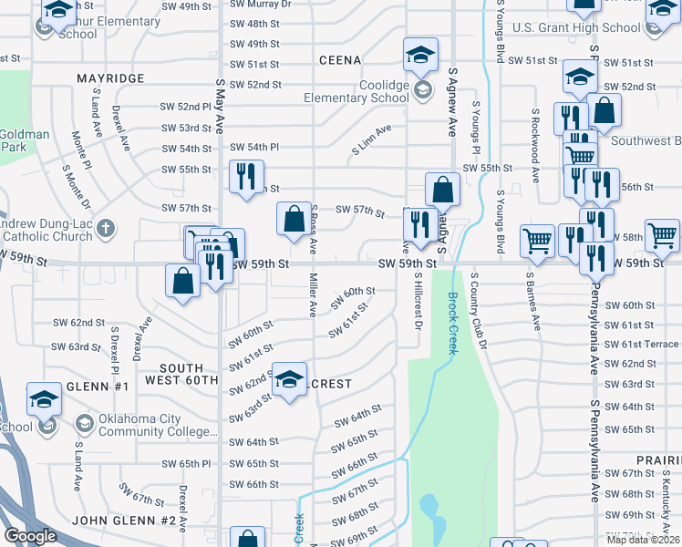 map of restaurants, bars, coffee shops, grocery stores, and more near 2612 Southwest 59th Street in Oklahoma City