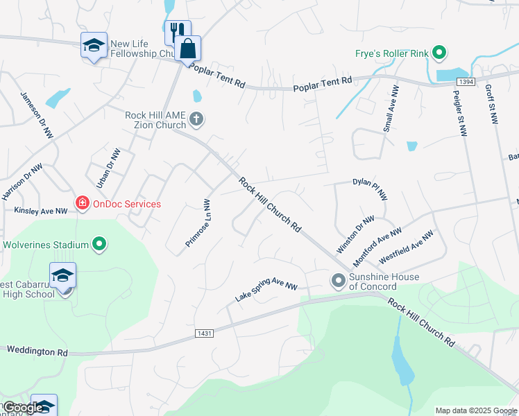 map of restaurants, bars, coffee shops, grocery stores, and more near 3342 Prescott Place Northwest in Concord