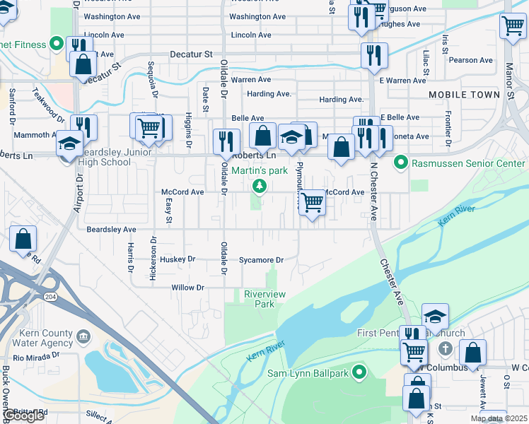 map of restaurants, bars, coffee shops, grocery stores, and more near 326 Beardsley Avenue in Bakersfield