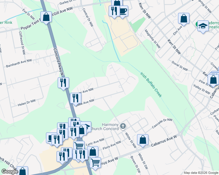 map of restaurants, bars, coffee shops, grocery stores, and more near 89 Sumner Avenue Northwest in Concord