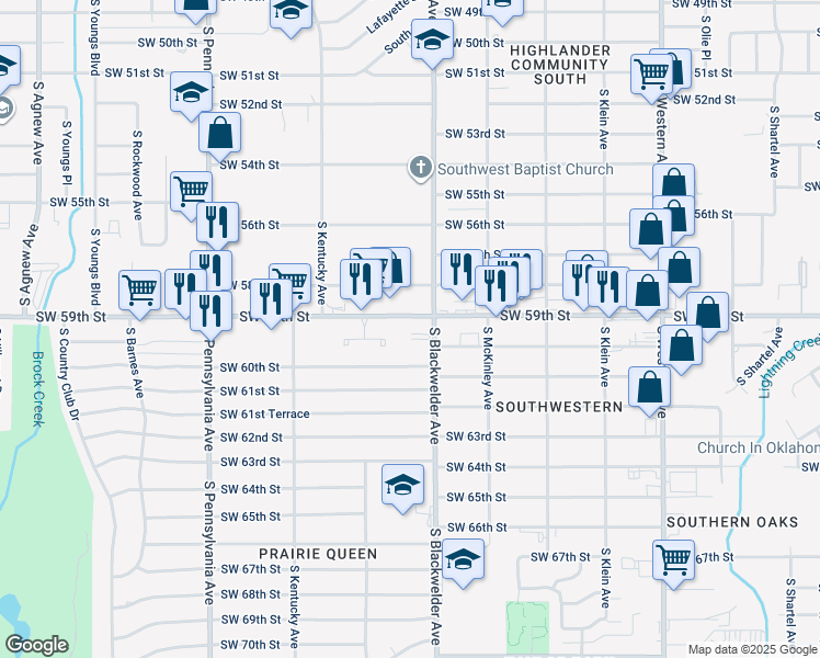 map of restaurants, bars, coffee shops, grocery stores, and more near 1334 Southwest 59th Street in Oklahoma City