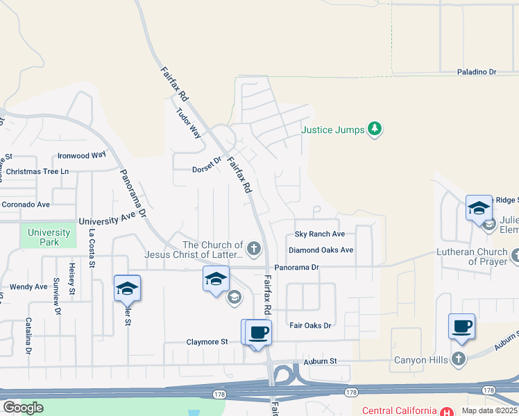 map of restaurants, bars, coffee shops, grocery stores, and more near 5709 Fairfax Road in Bakersfield