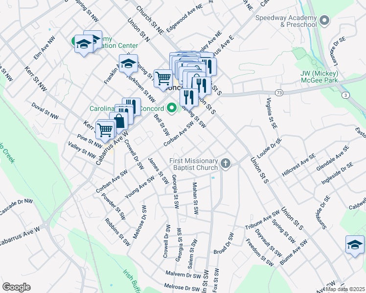 map of restaurants, bars, coffee shops, grocery stores, and more near 75 Harold Place Southwest in Concord