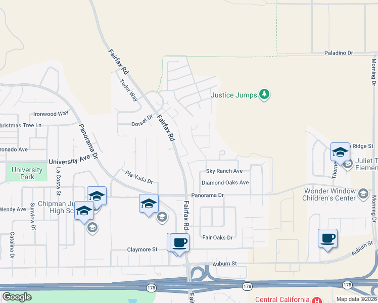 map of restaurants, bars, coffee shops, grocery stores, and more near 5713 Fairfax Road in Bakersfield