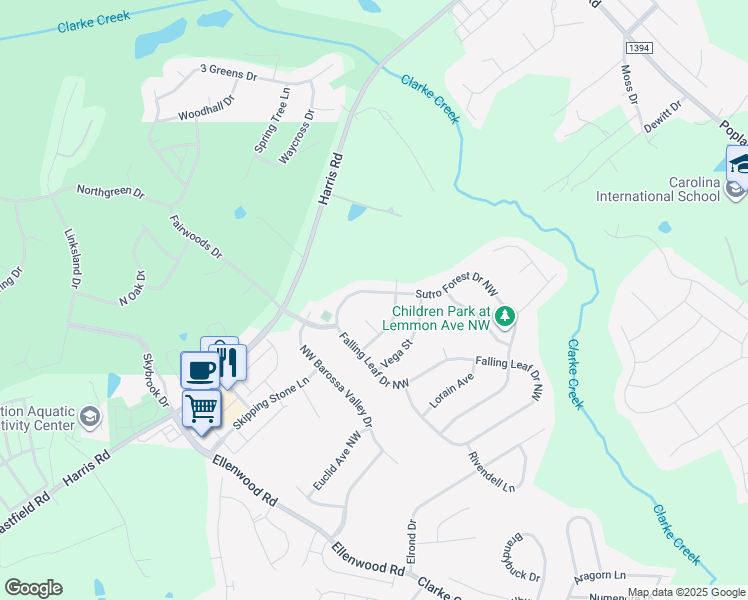 map of restaurants, bars, coffee shops, grocery stores, and more near 489 Sutro Forest Dr NW in Concord