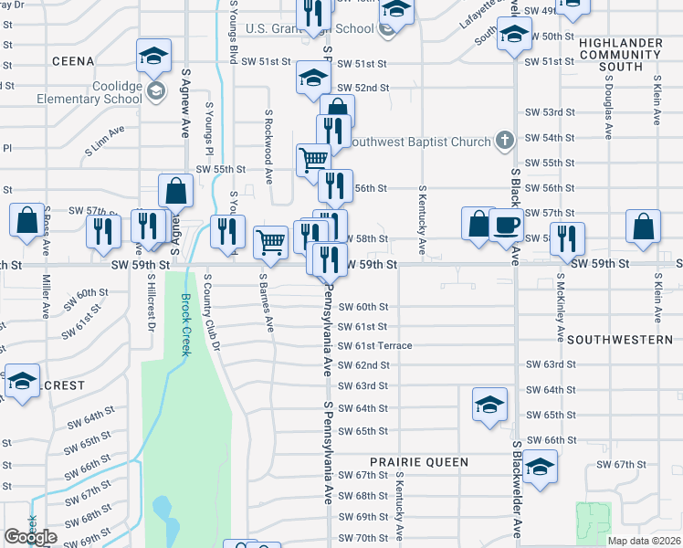 map of restaurants, bars, coffee shops, grocery stores, and more near 2102 Southwest 59th Street in Oklahoma City