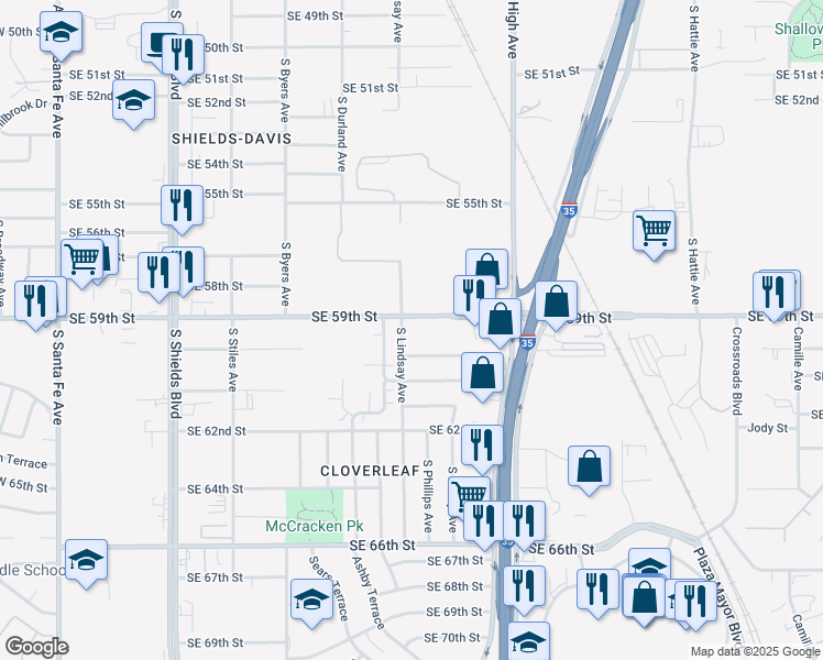 map of restaurants, bars, coffee shops, grocery stores, and more near 700 Southeast 59th Street in Oklahoma City