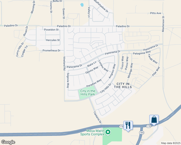 map of restaurants, bars, coffee shops, grocery stores, and more near 5715 Cordonata Way in Bakersfield