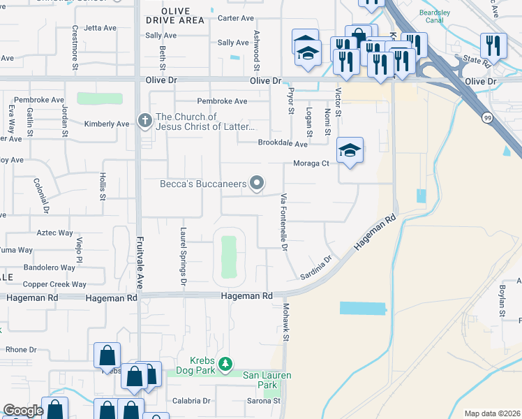 map of restaurants, bars, coffee shops, grocery stores, and more near 5810 Lausanne Street in Bakersfield