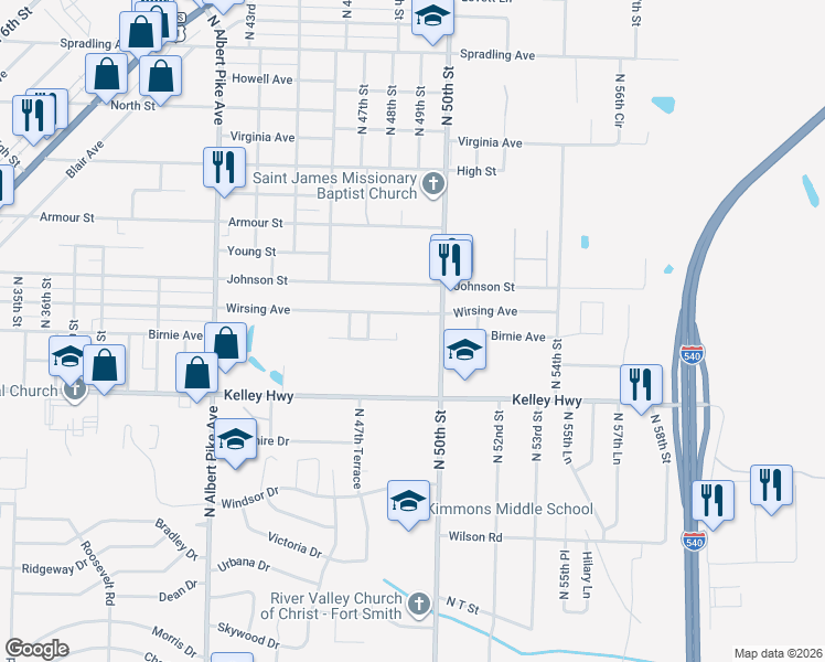 map of restaurants, bars, coffee shops, grocery stores, and more near 4812 Wirsing Avenue in Fort Smith