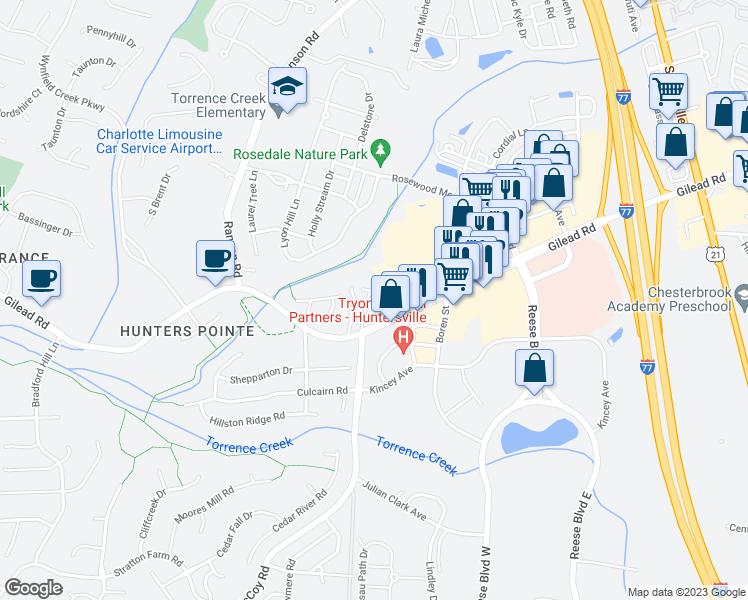 map of restaurants, bars, coffee shops, grocery stores, and more near 13428 McCoy Road in Huntersville