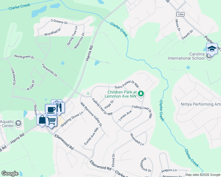 map of restaurants, bars, coffee shops, grocery stores, and more near 503 Geary Street Northwest in Concord