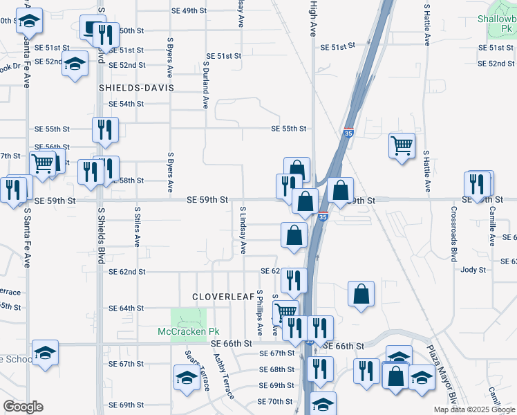 map of restaurants, bars, coffee shops, grocery stores, and more near 700 Southeast 59th Street in Oklahoma City
