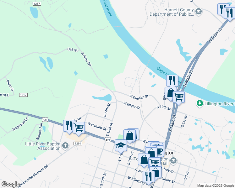 map of restaurants, bars, coffee shops, grocery stores, and more near 601 West Duncan Street in Lillington