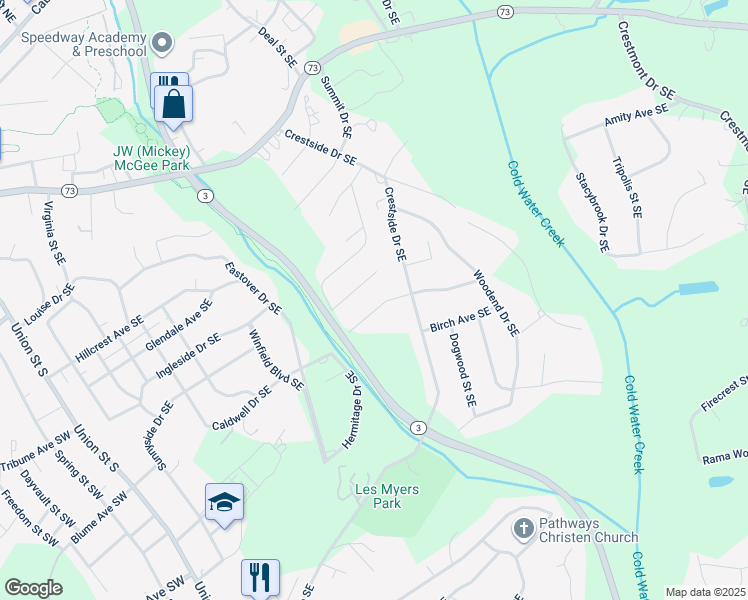 map of restaurants, bars, coffee shops, grocery stores, and more near 247 Brook Avenue Southeast in Concord