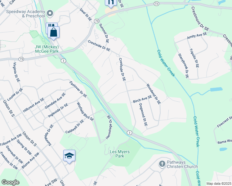map of restaurants, bars, coffee shops, grocery stores, and more near 247 Brook Avenue Southeast in Concord