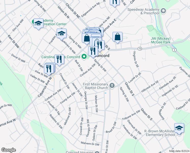map of restaurants, bars, coffee shops, grocery stores, and more near 72 Young Avenue Southwest in Concord