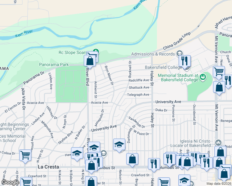 map of restaurants, bars, coffee shops, grocery stores, and more near 3525 Bryn Mawr Drive in Bakersfield