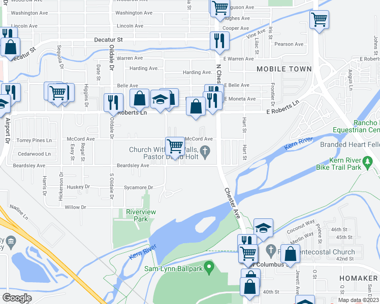 map of restaurants, bars, coffee shops, grocery stores, and more near 201 McCord Avenue in Bakersfield
