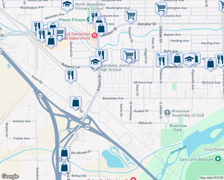 map of restaurants, bars, coffee shops, grocery stores, and more near 104 Cedarwood Lane in Bakersfield