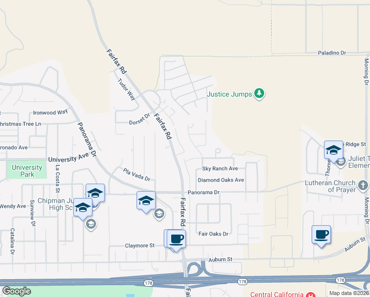 map of restaurants, bars, coffee shops, grocery stores, and more near 5713 Fairfax Road in Bakersfield