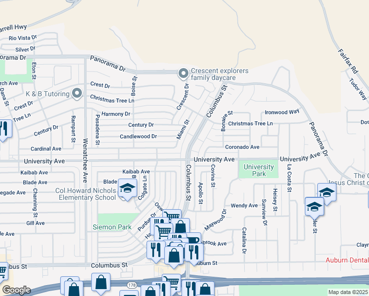 map of restaurants, bars, coffee shops, grocery stores, and more near 4236 Columbus Street in Bakersfield