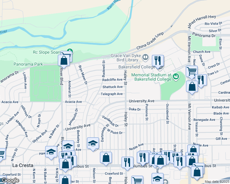 map of restaurants, bars, coffee shops, grocery stores, and more near 1300 Telegraph Avenue in Bakersfield