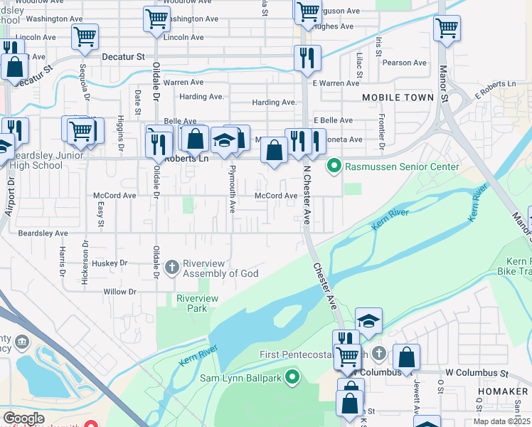 map of restaurants, bars, coffee shops, grocery stores, and more near 201 McCord Avenue in Bakersfield