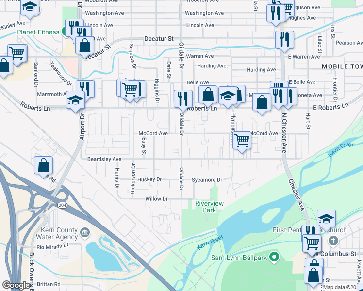 map of restaurants, bars, coffee shops, grocery stores, and more near 144 Oildale Drive in Bakersfield