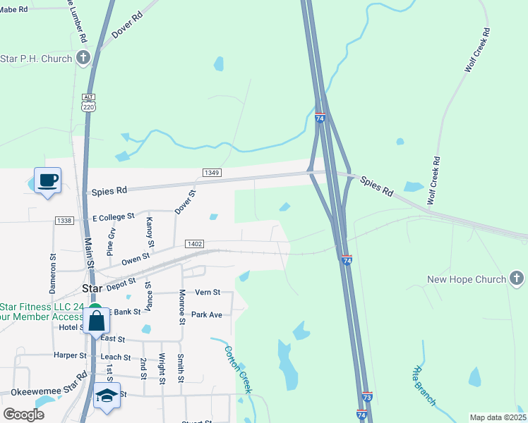 map of restaurants, bars, coffee shops, grocery stores, and more near 131 Carriage Drive in Star