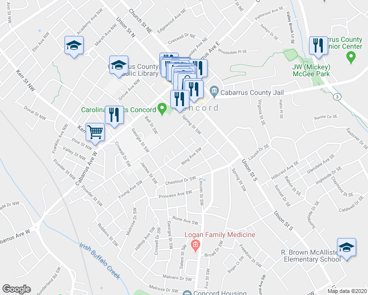 map of restaurants, bars, coffee shops, grocery stores, and more near 63 Young Avenue Southwest in Concord