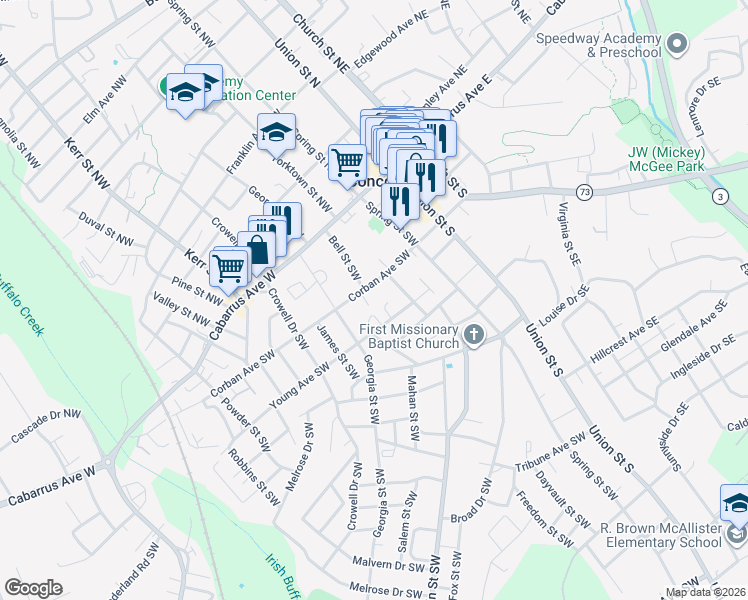 map of restaurants, bars, coffee shops, grocery stores, and more near 75 Harold Place Southwest in Concord