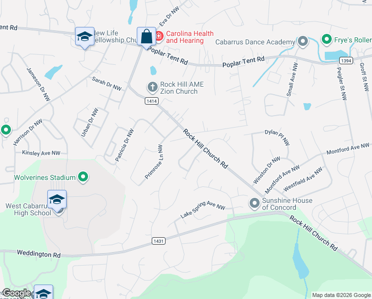 map of restaurants, bars, coffee shops, grocery stores, and more near 3358 Chadbury Drive Northwest in Concord